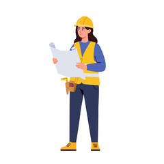 A female construction worker in a yellow vest and helmet carefully reviews blueprints for an upcoming building project, showcasing her expertise and professionalism in the field.
