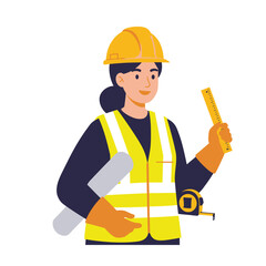 A female construction worker, wearing a yellow hard hat and safety vest, holds a blueprint, ruler, and measuring tape, representing the building industry and construction.