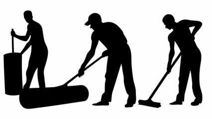 Silhouettes of three men working with tools including a roller and a broom on a white background | editable eps vectors