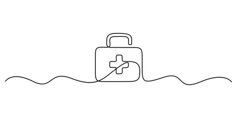 Continuous one line drawing of first aid kit box. Single line art of first aid kit box vector illustration