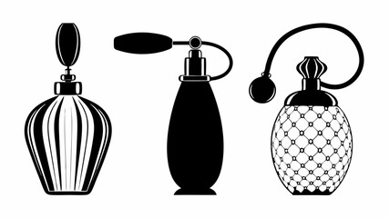 Three perfume bottles in black and white with different designs and sprayers displayed together nicely | editable eps vectors silhouette