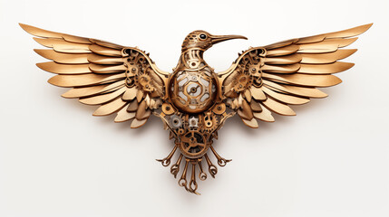 Golden Mechanical Hummingbird Mid-Flight – Wings Spread, Crafted from Clock Gears and Antique Filigree, Steampunk Aesthetic on Pure White Background, Symbol of Precision and Elegance