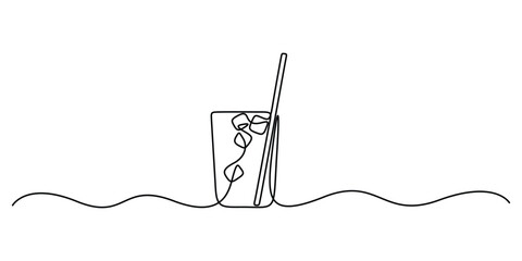 Continuous one line drawing of fresh juice on the glass. Doodle vector illustration