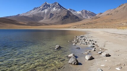 Naklejka premium Serene high-altitude lake nestled against majestic snow-capped mountains under a clear blue sky. Rocky shore, clear water, tranquil scene