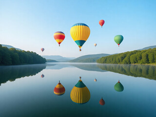 Obraz premium Hot Air Balloons Over a Calm Lake