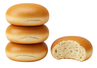 Stack of three golden brown burger buns and one bitten bun isolated on transparent background