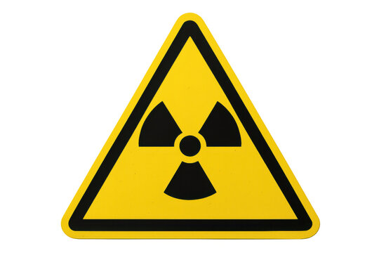 Radioactive warning symbol displaying international ionizing radiation trefoil marking nuclear hazard on bright yellow triangular signage - Powered by Adobe
