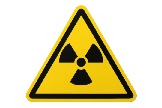 Radioactive warning symbol displaying international ionizing radiation trefoil marking nuclear hazard on bright yellow triangular signage