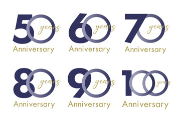 シンプルなgold/金のアニバーサリーロゴセット(10周年 20周年 30周年 40周年 50周年 60周年 70周年 80周年 90周年 100周年 お祝い 周年記念 イベント 設立記念 anniversary celebration logo ベクター 編集可能)