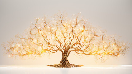 Golden Tree of Tangled Wires and Glowing Circuits – Neural-Inspired Tech-Organic Fusion on White Background, Symbolizing Connection, Innovation, and Bio-Digital Symbiosis