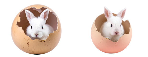 Fototapeta premium Adorable White Baby Bunny Peeking from Pastel Easter Egg Shell, Front View, isolated on pink background PNG