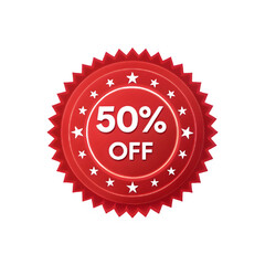 Red seal badge with 50 percent off discount and star cutouts