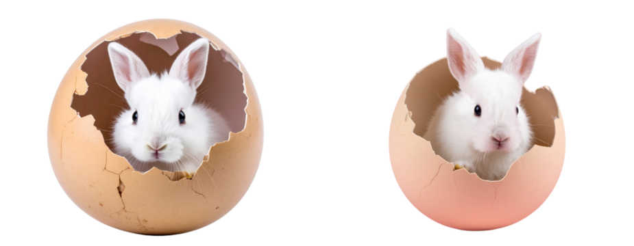  Adorable White Baby Bunny Peeking from Pastel Easter Egg Shell, Front View, isolated on pink background PNG