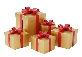 Obraz premium A collection of five gold gift boxes with red ribbons isolated on transparent background