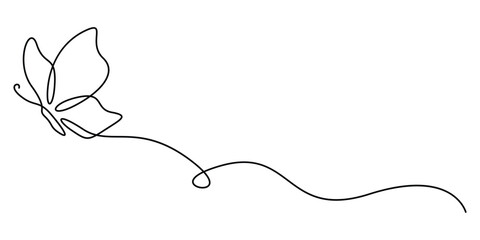 Flying butterfly continuous one line drawing. Isolated on white background vector illustration