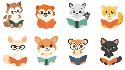 Naklejka premium Adorable set of 8 cartoon animals each reading a book, isolated on a white backdrop