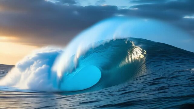 A powerful ocean wave crashing with white foam against a cloudy sky at dusk on the horizon line