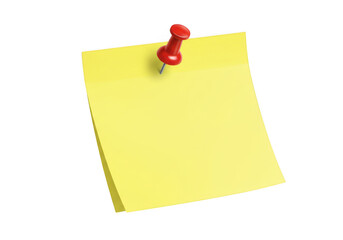 Bright yellow sticky note secured with a red pushpin isolated on transparent background
