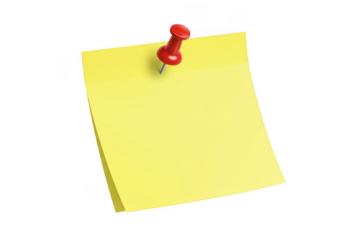 Bright yellow sticky note secured with a red pushpin isolated on transparent background