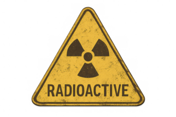 Grunge radioactive symbol on yellow triangle warning sign with transparent background, indicating potential radiation hazard