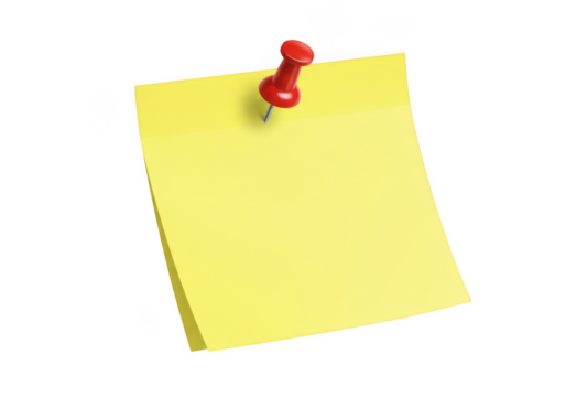 Bright yellow sticky note secured with a red pushpin isolated on transparent background