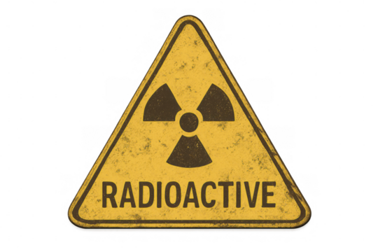 Grunge radioactive symbol on yellow triangle warning sign with transparent background, indicating potential radiation hazard