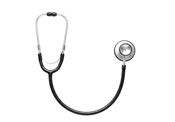 Classic medical stethoscope with silver chestpiece and black tubing isolated on transparent background