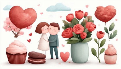 Cute Valentine's Day illustration with hearts, flowers, and treats