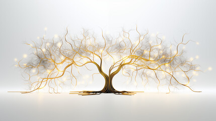 Golden Tree of Tangled Wires and Glowing Circuits – Neural-Inspired Tech-Organic Fusion on White Background, Symbolizing Connection, Innovation, and Bio-Digital Symbiosis