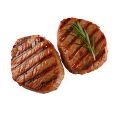 Grill Pork Chops steaks, realistic 3d brisket flying in the air, grilled meat collection, ultra realistic, icon, detailed, angle view food photo