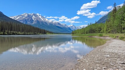 Serene mountain lake reflecting snow-capped peaks under a partly cloudy sky.  A gravel shore gently slopes to the calm water's edge, bordered by lush evergreens