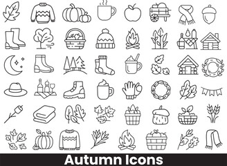 Collection of Autumn, Harvest, and Cozy Season Outline Icons