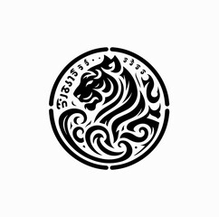 Minimalist Black Vector Logo of Tiger Silhouette with Traditional Thai Script Ornament Isolated on White Background
