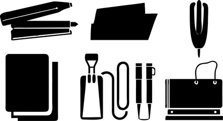 Illustration showcasing an assortment of crafting and art supplies in a graphic black style design