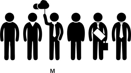 Illustration of six stick figures, one holding a cloud, and others in suits and ties in black
