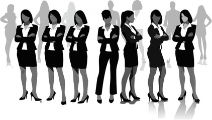 Group of businesswomen standing with arms crossed in suits and heels on a white background scene