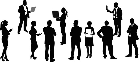 Silhouette illustration of a diverse group of business professionals using technology and interacting
