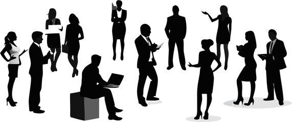 Silhouette of business people in various poses and interactions on a white background scene design