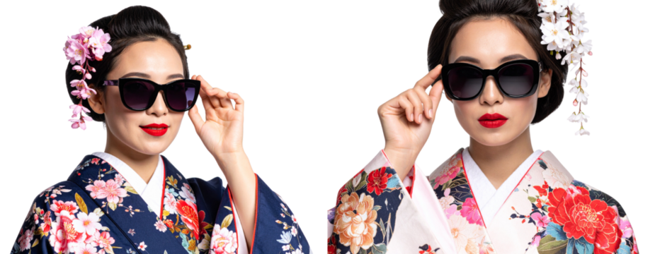  Elegant Geisha Wearing Modern Sunglasses, Traditional Kimono with Floral Patterns, isolated on transparent background PNG