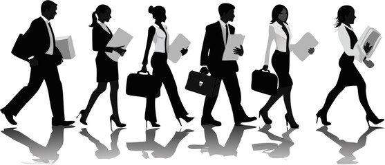 Silhouettes of business professionals walking with briefcases and documents in black and white style