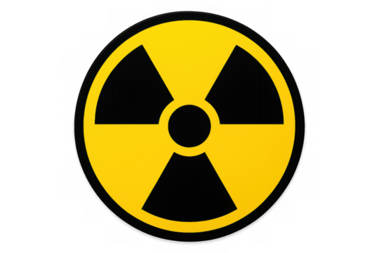Radioactive warning sign glowing bright, symbolizing nuclear threat, signaling potential radiation danger on transparent backdrop