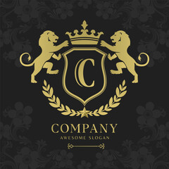 Royal Crest Lion Shield Logo with Crown and Laurel Luxury Monogram Emblem