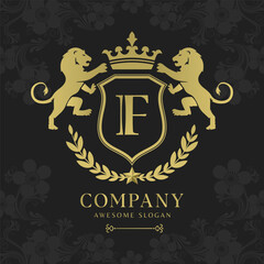 Royal Crest Lion Shield Logo with Crown and Laurel Luxury Monogram Emblem