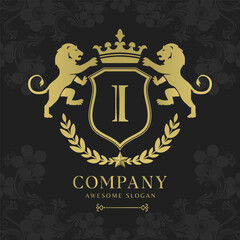 Royal Crest Lion Shield Logo with Crown and Laurel Luxury Monogram Emblem