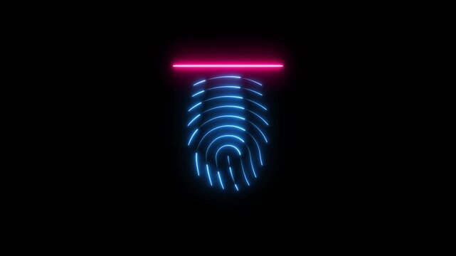 Neon finger print animation on black background. glowing fingerprint scanning icon motion. biometric scanner for identification 4k video footage. Abstract fingerprint design.