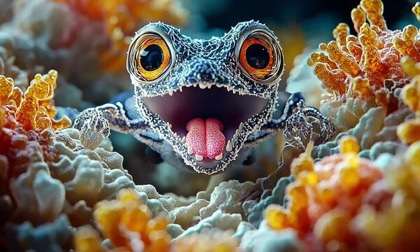 Excited Tiny Amphibian in Coral Habitat