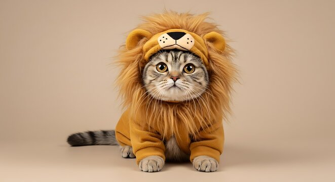 Cute Cat Wearing A Lion Mane Costume, Sitting Proudly Like Tiny King, Beige Pastel Background, Studio Lighting, Majestic Expression