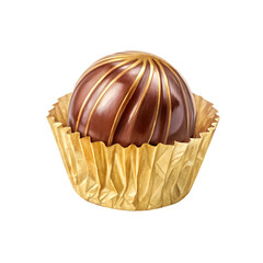 Watercolor chocolate truffle in gold wrapper, single object
