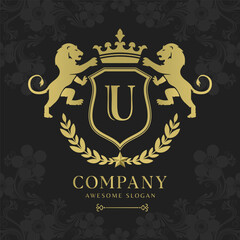 Royal Crest Lion Shield Logo with Crown and Laurel Luxury Monogram Emblem