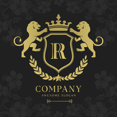 Royal Crest Lion Shield Logo with Crown and Laurel Luxury Monogram Emblem